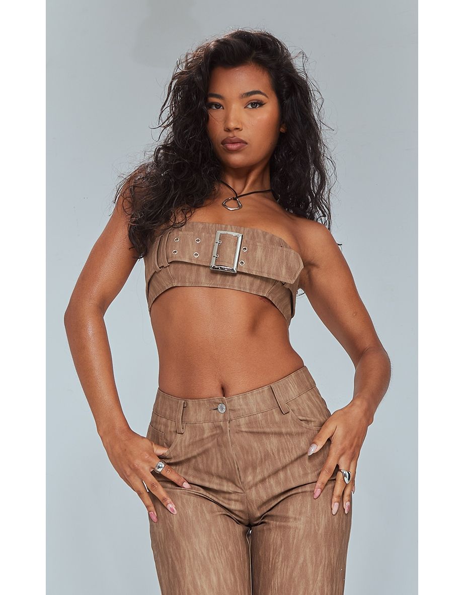 Brown Washed Faux Leather Belted Micro Bandeau