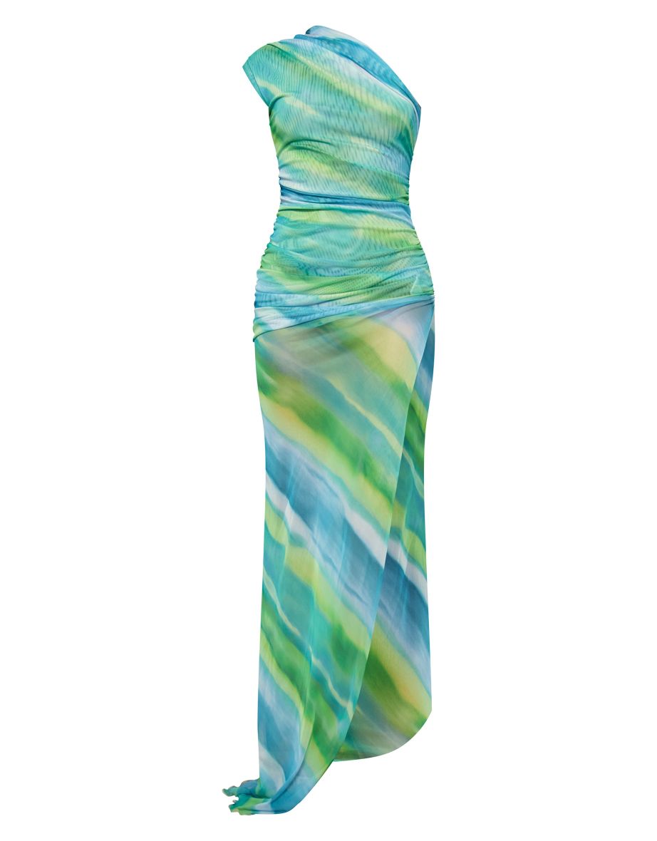 Multi Printed Mesh Ruched One Shoulder Thigh Split Maxi Dress - 4
