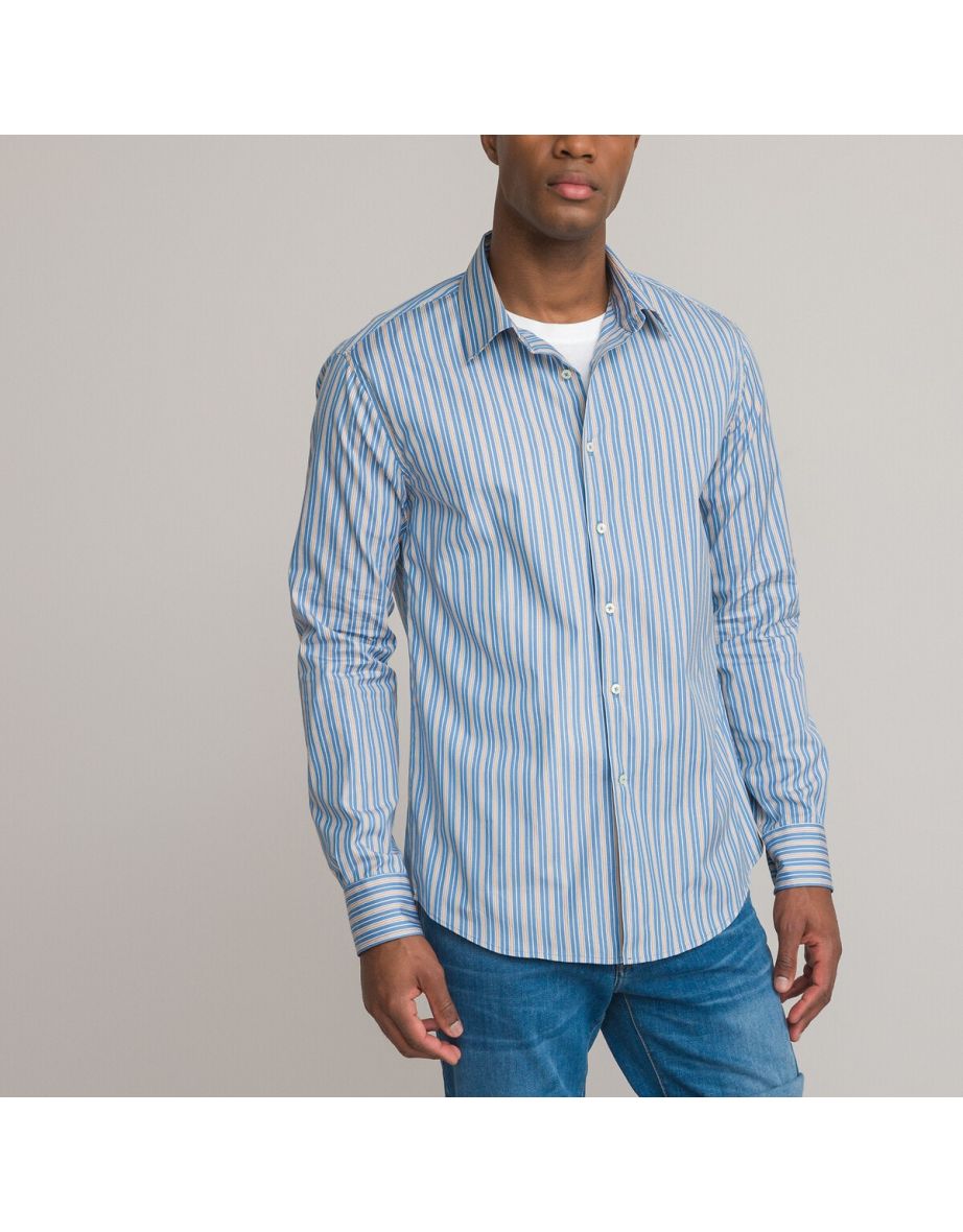 Striped Cotton Slim Shirt with French Collar