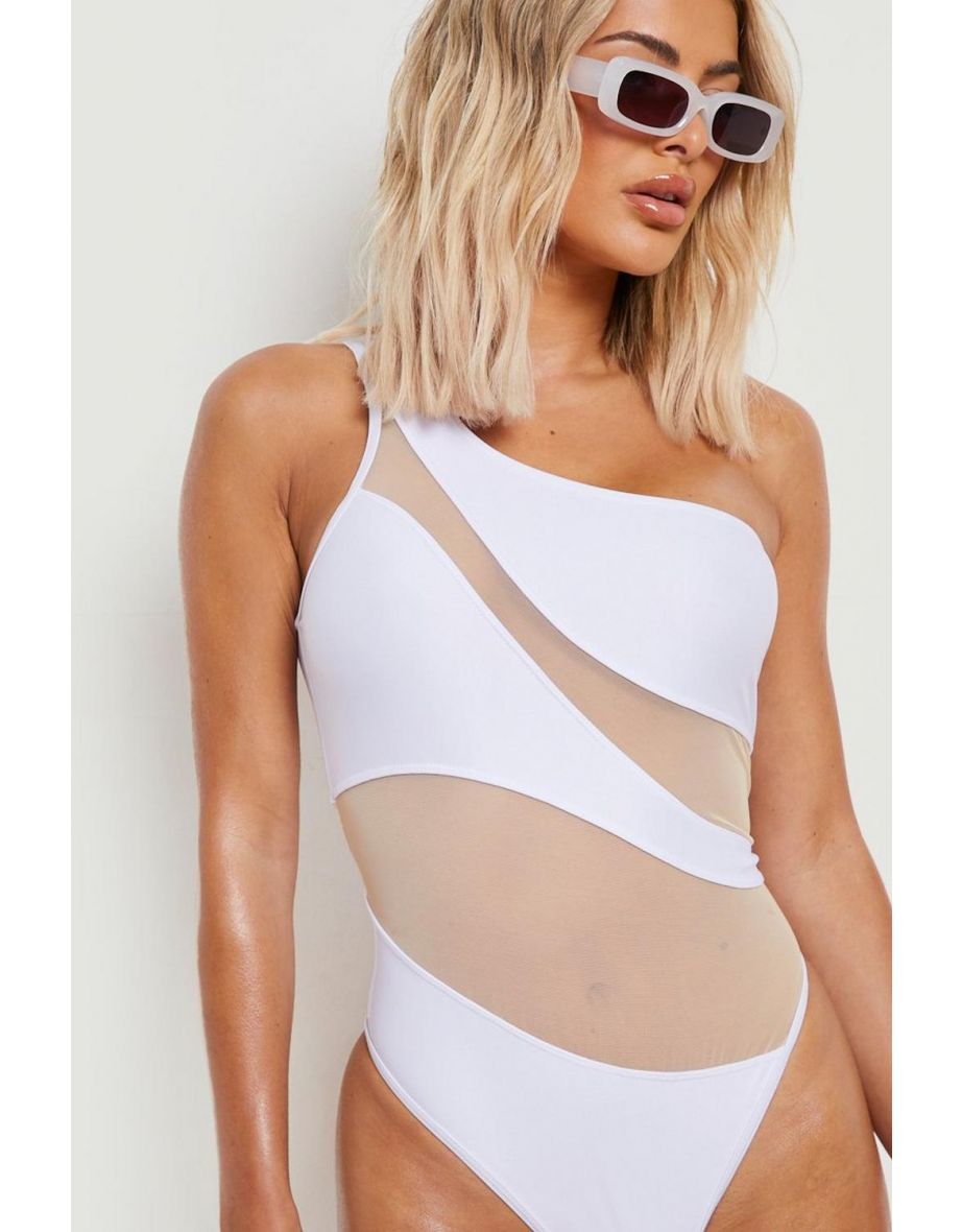 Mesh Insert One Shoulder Swimsuit - White - 2