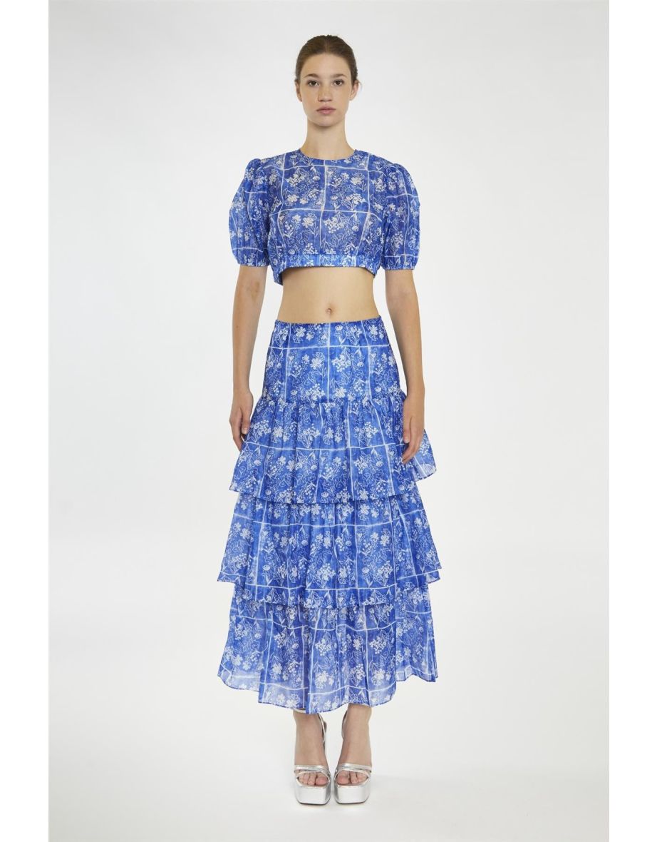 Blue-Tile Organza Tiered Ruffle Midaxi-Skirt