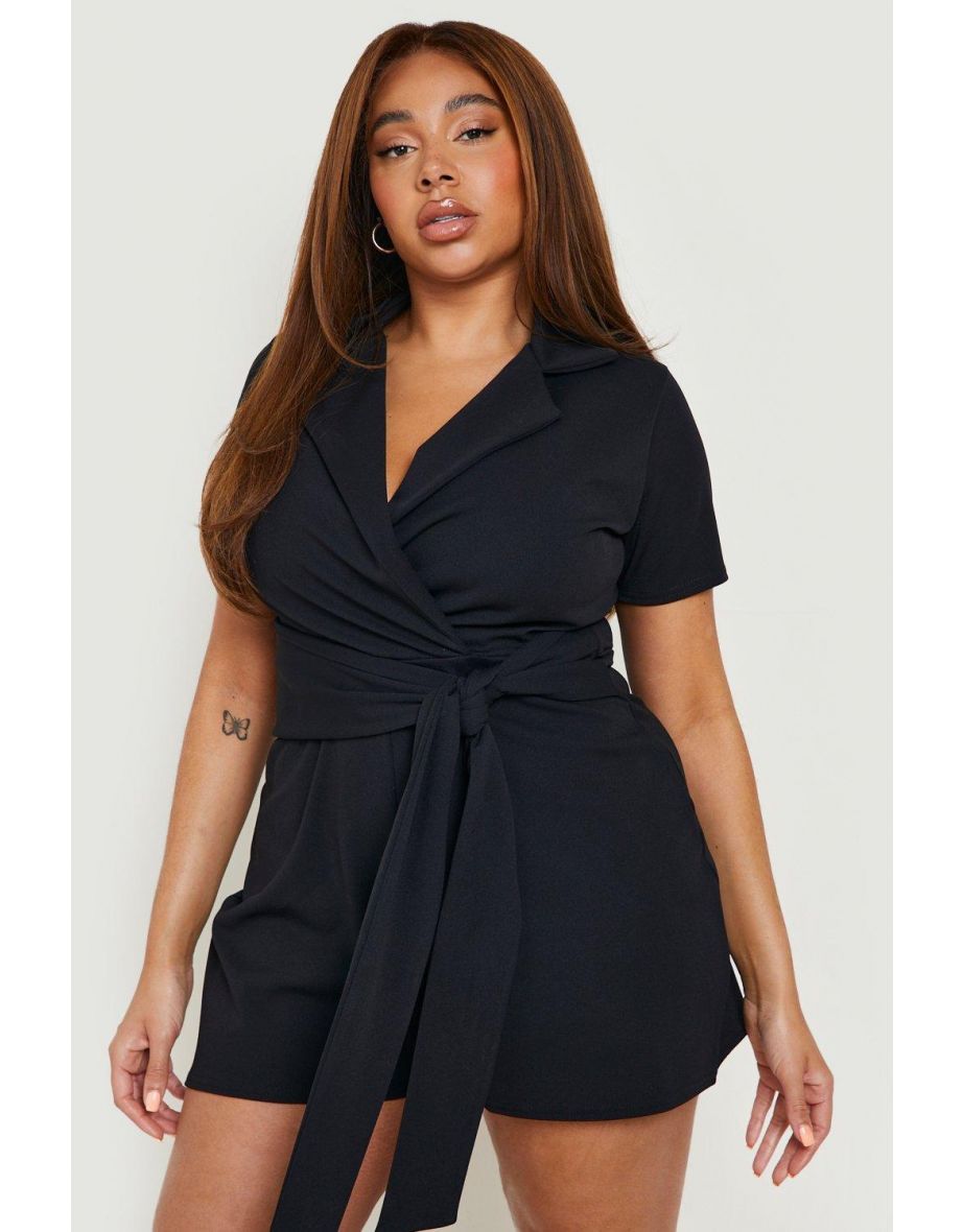Plus Short Sleeve Tie Front Playsuit - black