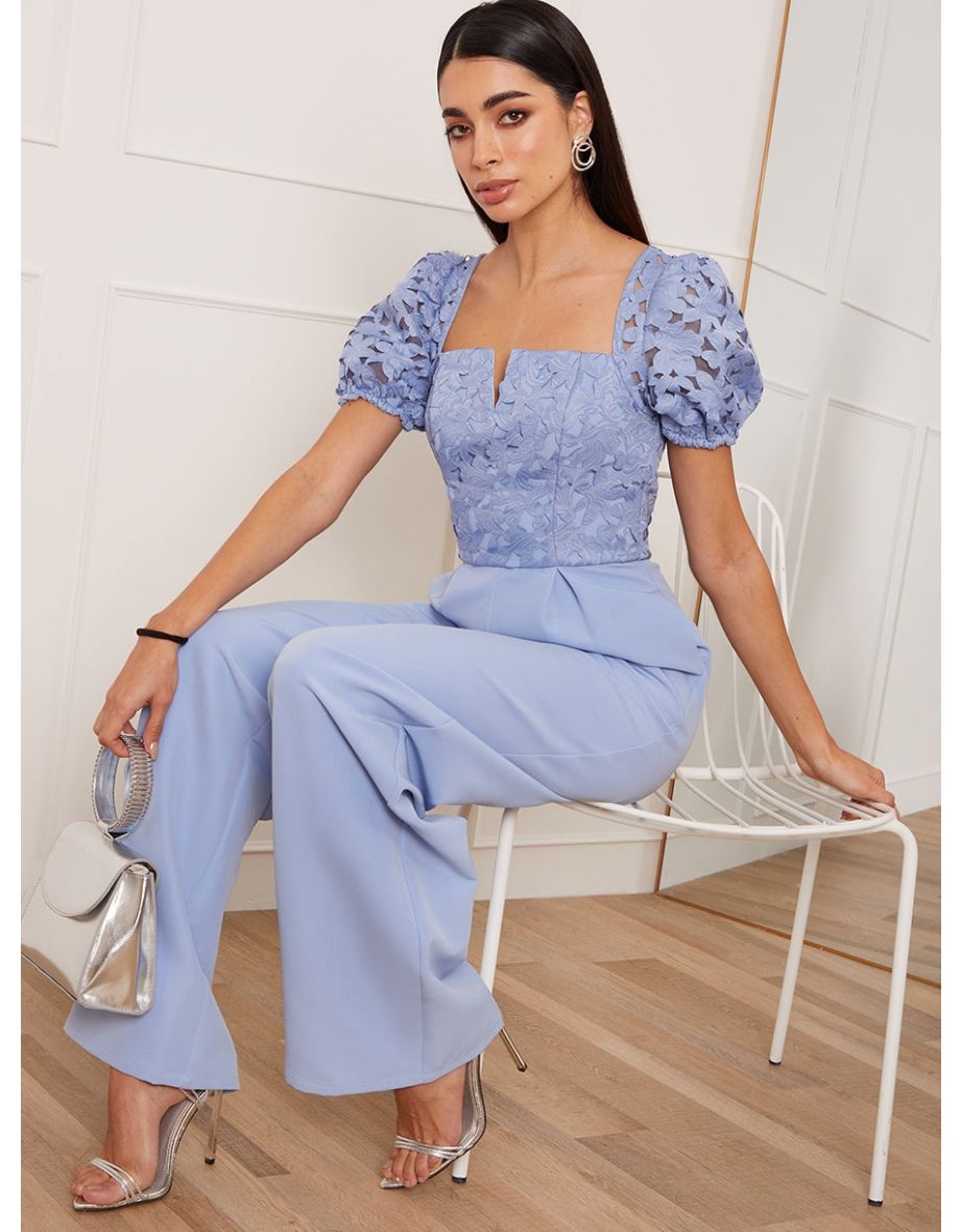Puff Sleeve Crochet Jumpsuit in Blue - 4