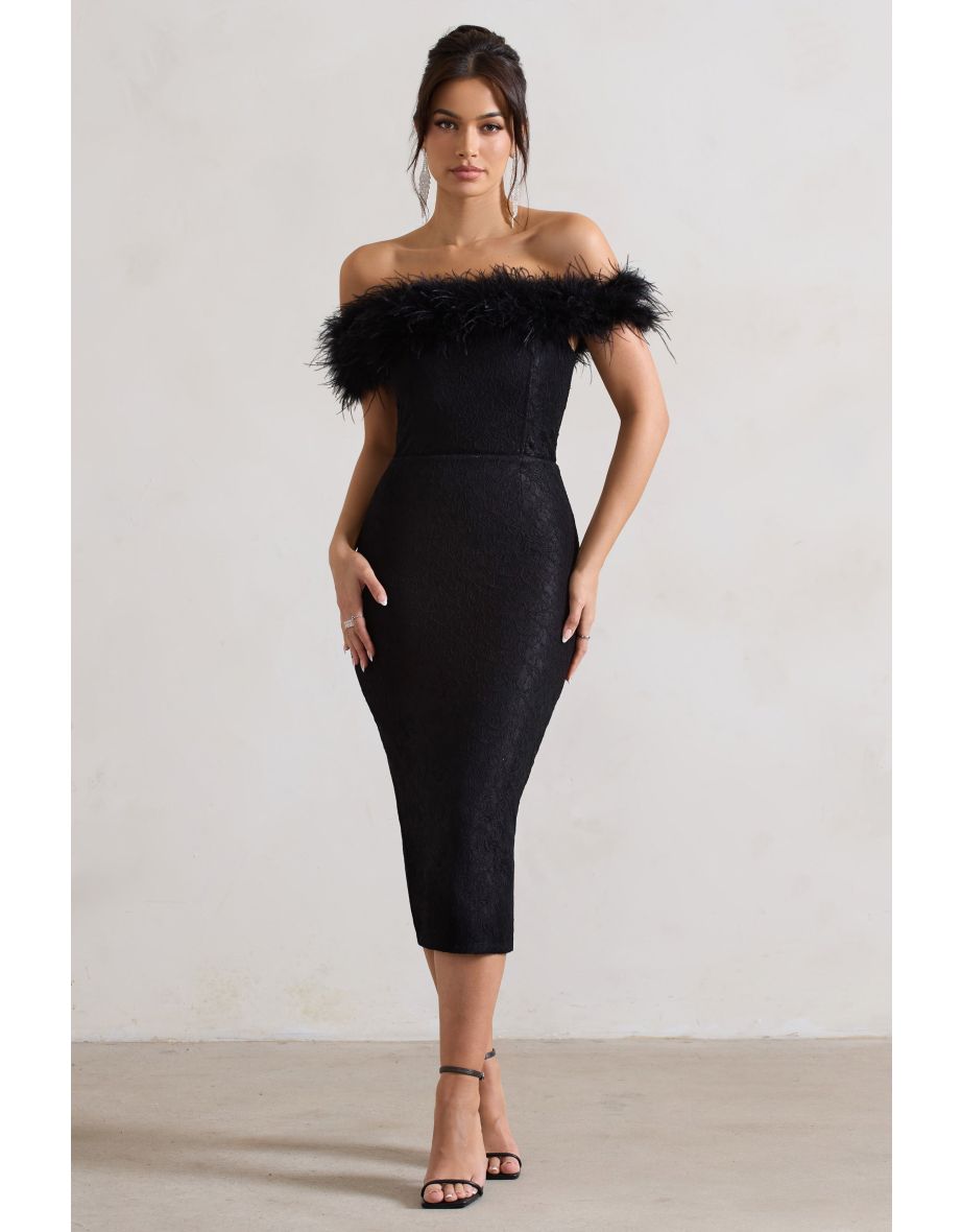 Maiden | Black Lace Bardot Midi Dress With Feather Trim