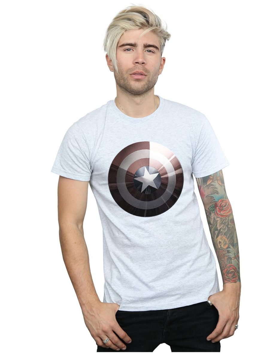 Marvel Mens Captain America Shield Shiny T-Shirt - Sports Grey