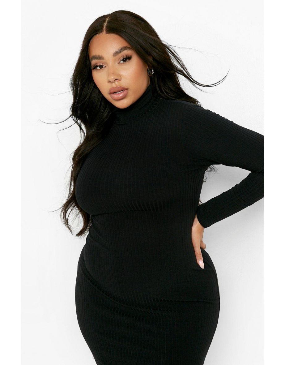 Plus Soft Rib Roll Neck Midi Dress - black - 3