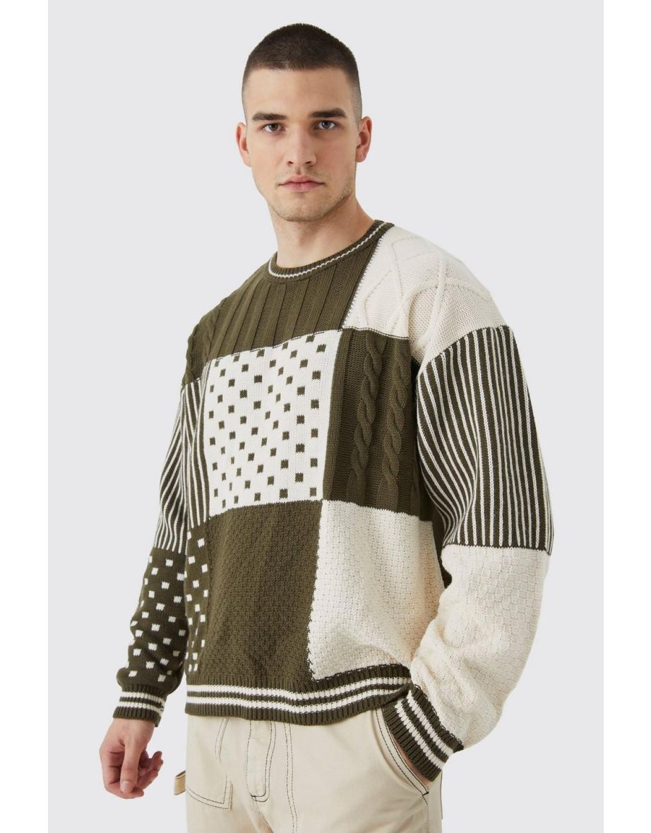 Tall Oversized Boxy Cable Checkerboard Jumper - khaki