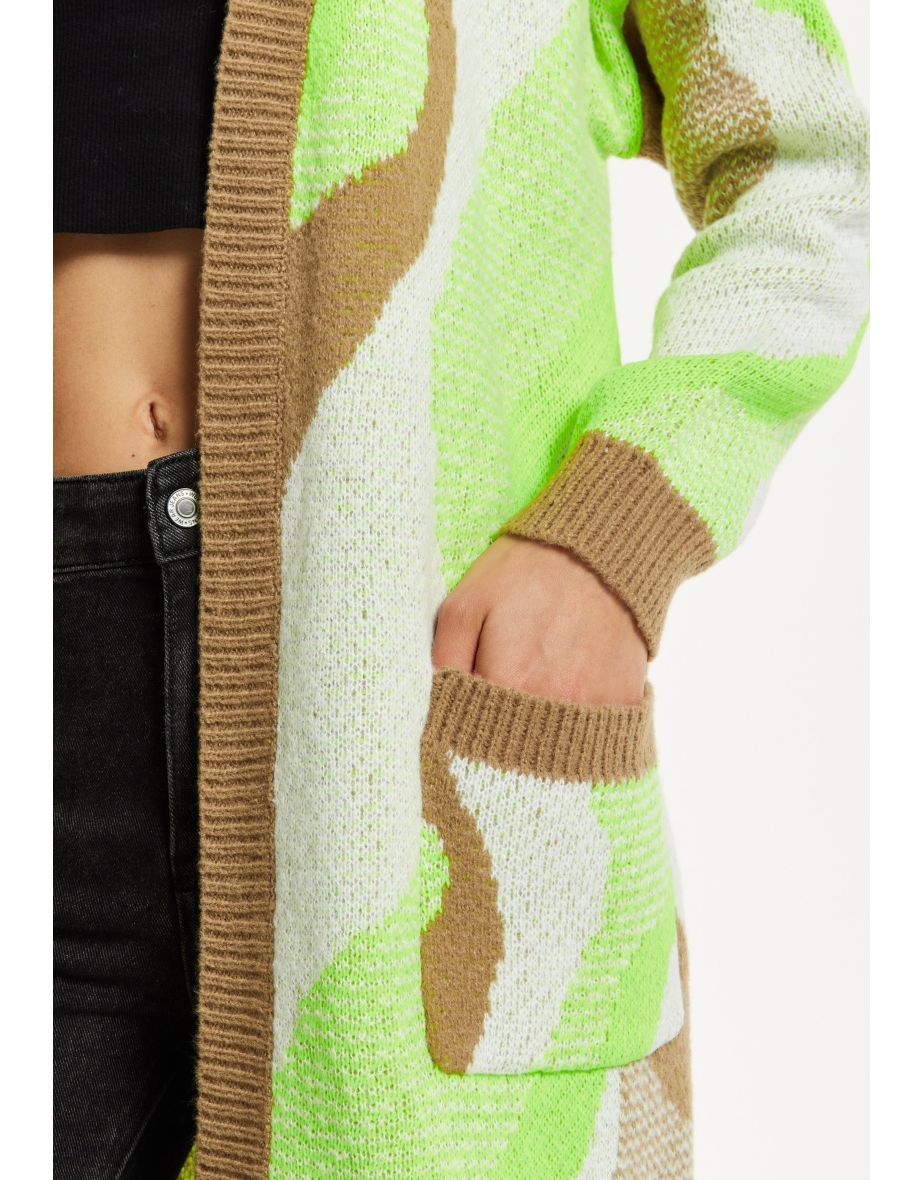 Women's Longline Cardigan in Brown, Green & White with Contrast Neckline & Pockets. - 4