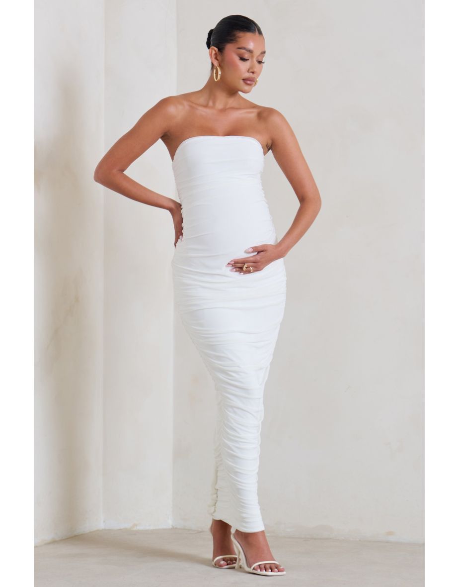My Lady | Maternity White Strapless Bodycon Ruched Mesh Midi Dress - 4