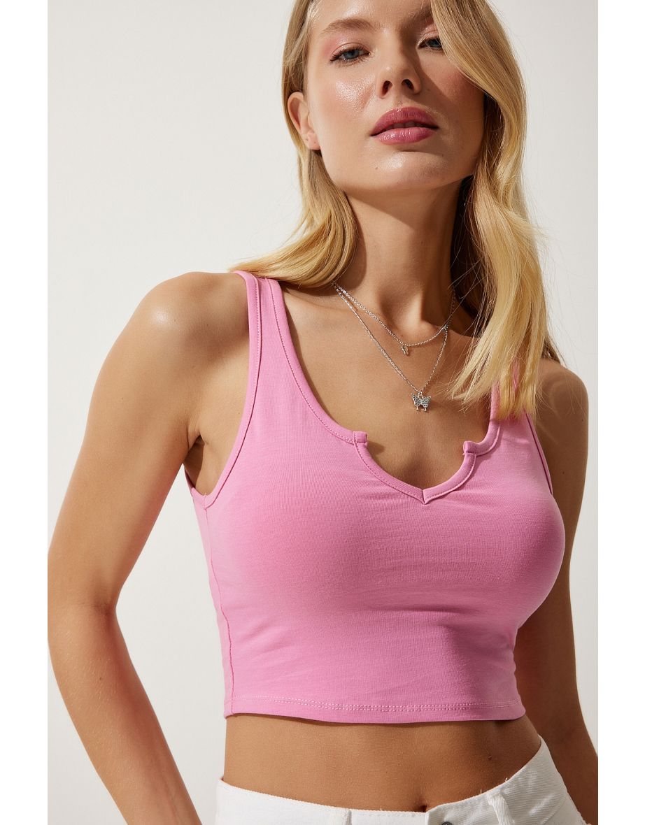 Women's Pink Strap Crop Knitted Blouse