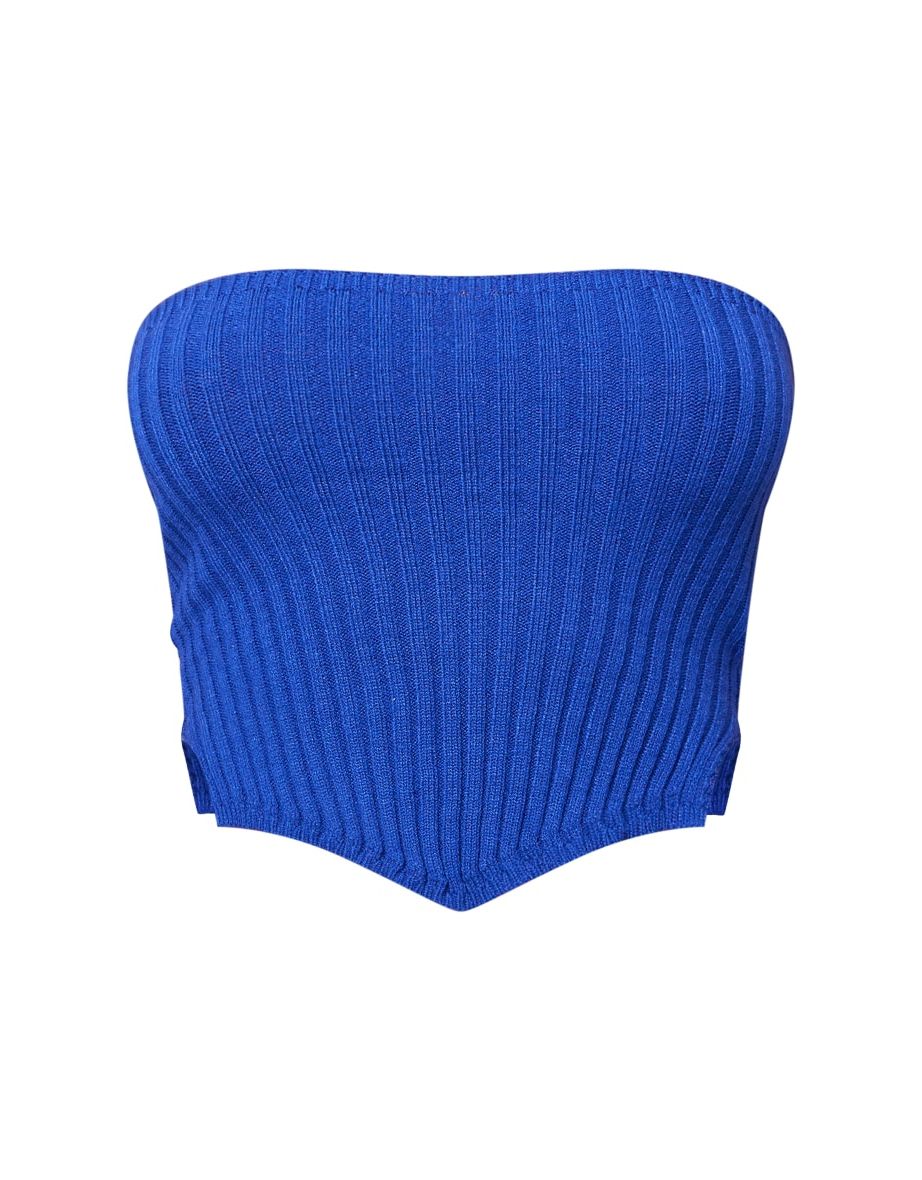 Bright Blue Rib Knit Side Split Bandeau Top - 4