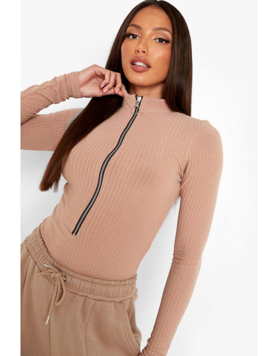 Tall Long Sleeve Zip Front Knitted Rib Bodysuit - stone