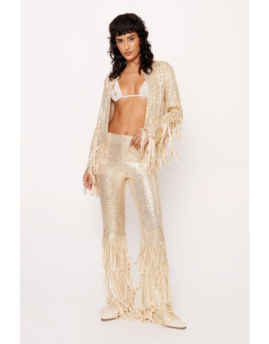 Sequin Fringe Flare Pants