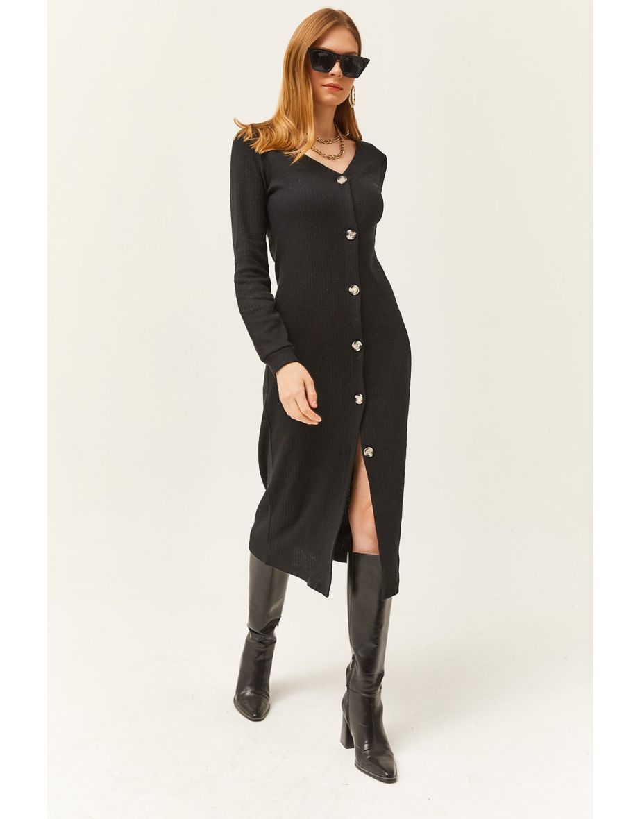 Women's Black V-Neck Buttoned Thick Ribbed Midi Dress