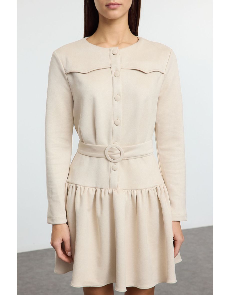 Stone Belted Plain Mini Woven Dress - 6