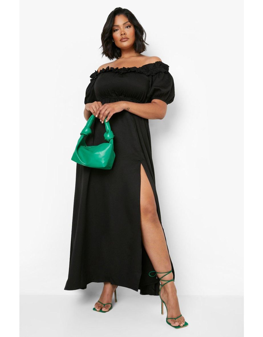 Plus Off Shoulder Ruffle Split Maxi Dress - black - 3