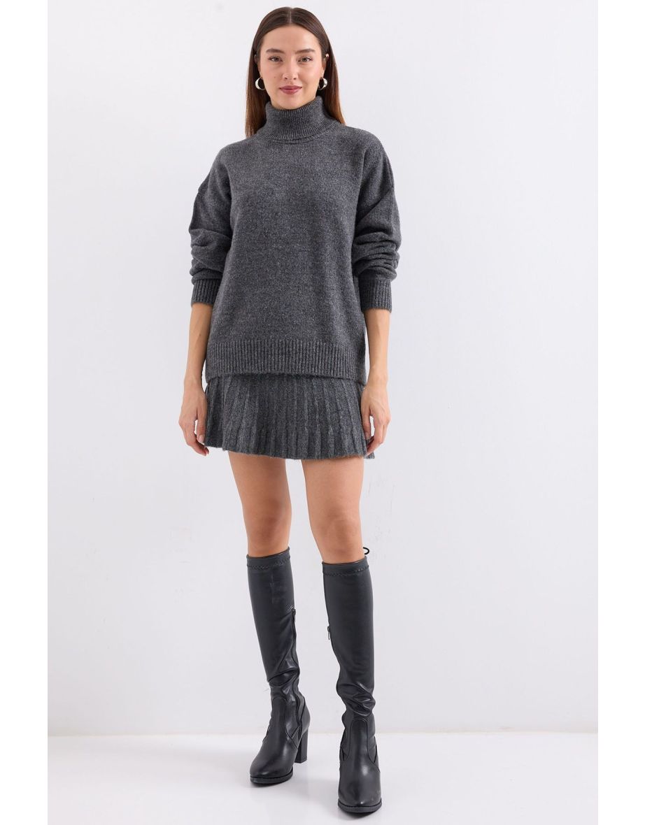 Sweater Skirt Knitwear Two Piece Set - Anthracite