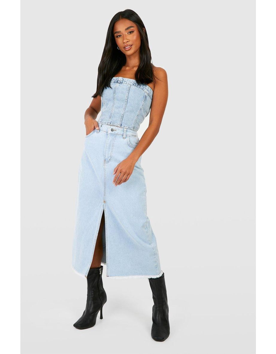 Frayed hem 2025 denim midi skirt