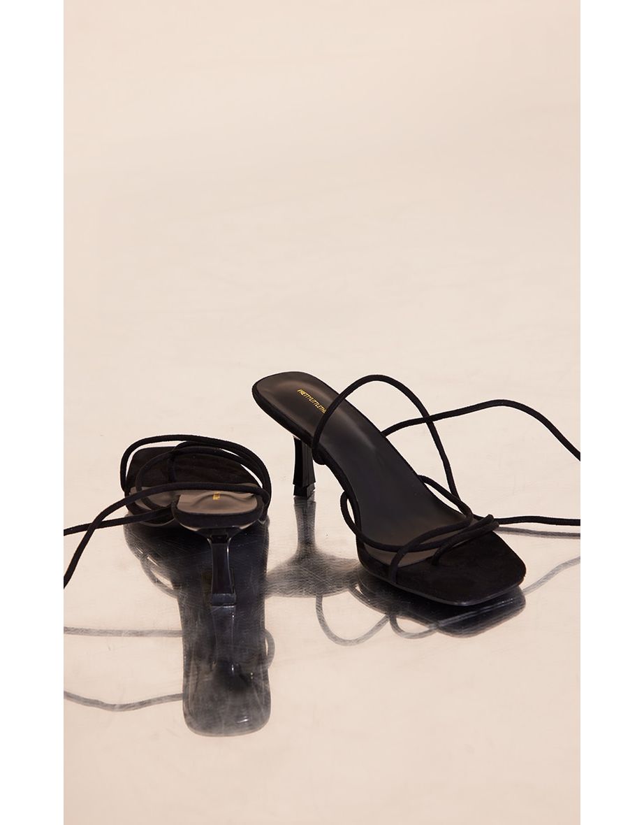 Black Wide Fit Faux Suede Strappy Lace Up Low Heel Sandals - 2