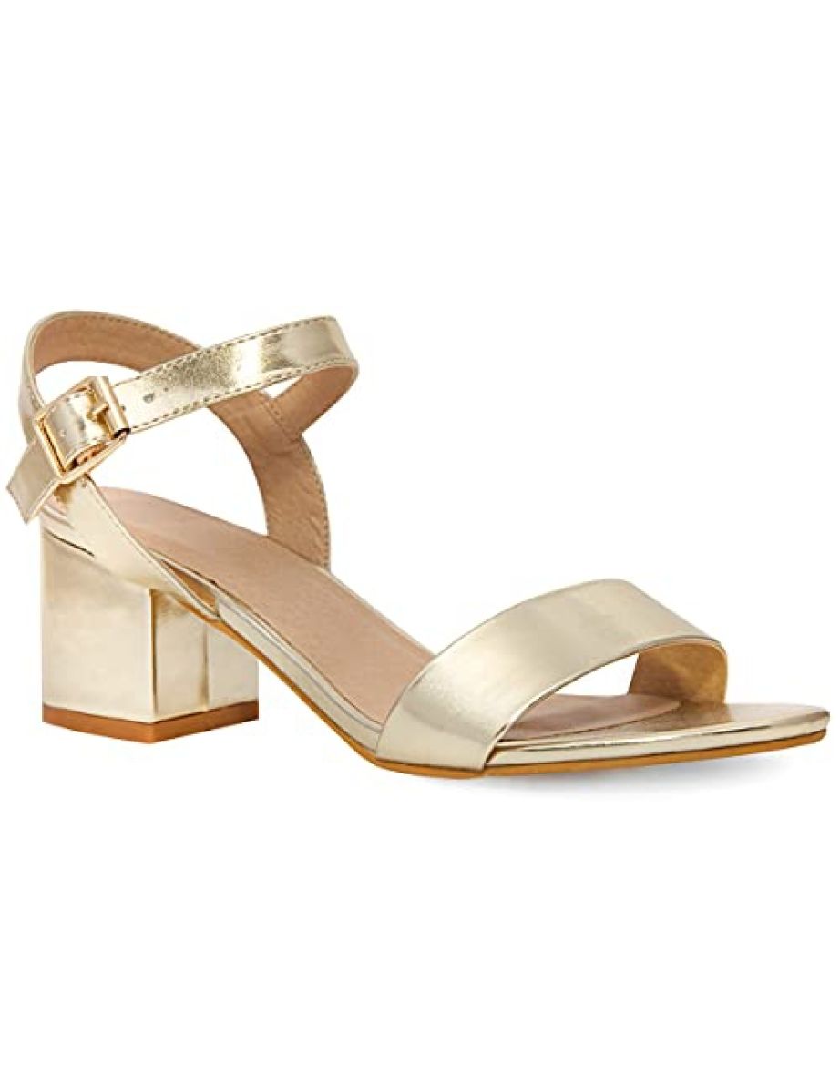 ZEPHYR STRAPPY MID HIGH BLOCK HEELS PEEP TOE IN GOLD METALLIC