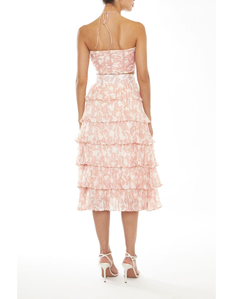 Zara Co-Ord Cream-Pink Outline Flower Ruched Halterneck Crop-Top - 1