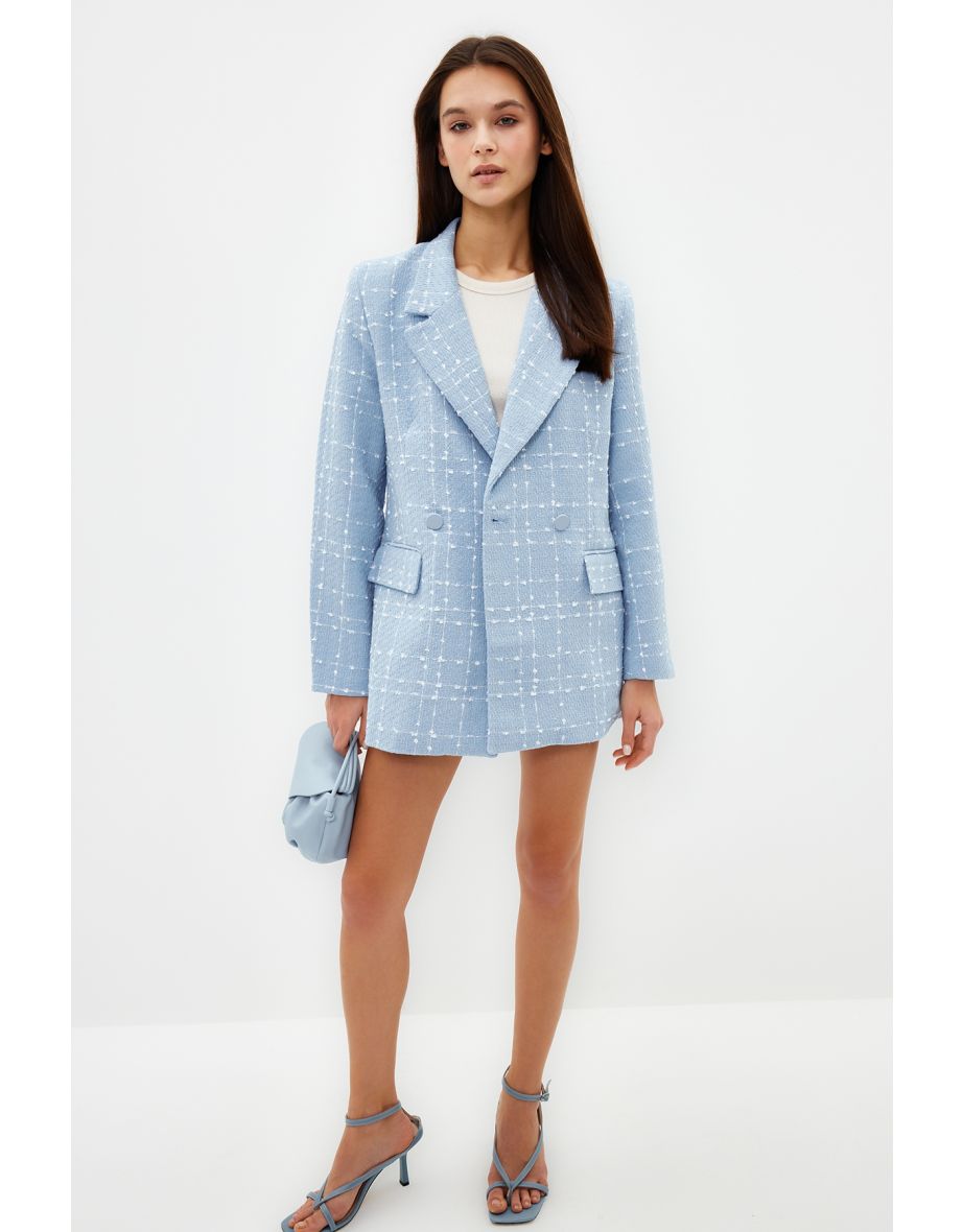 Light Blue Oversize Woven Plaid Blazer Jacket