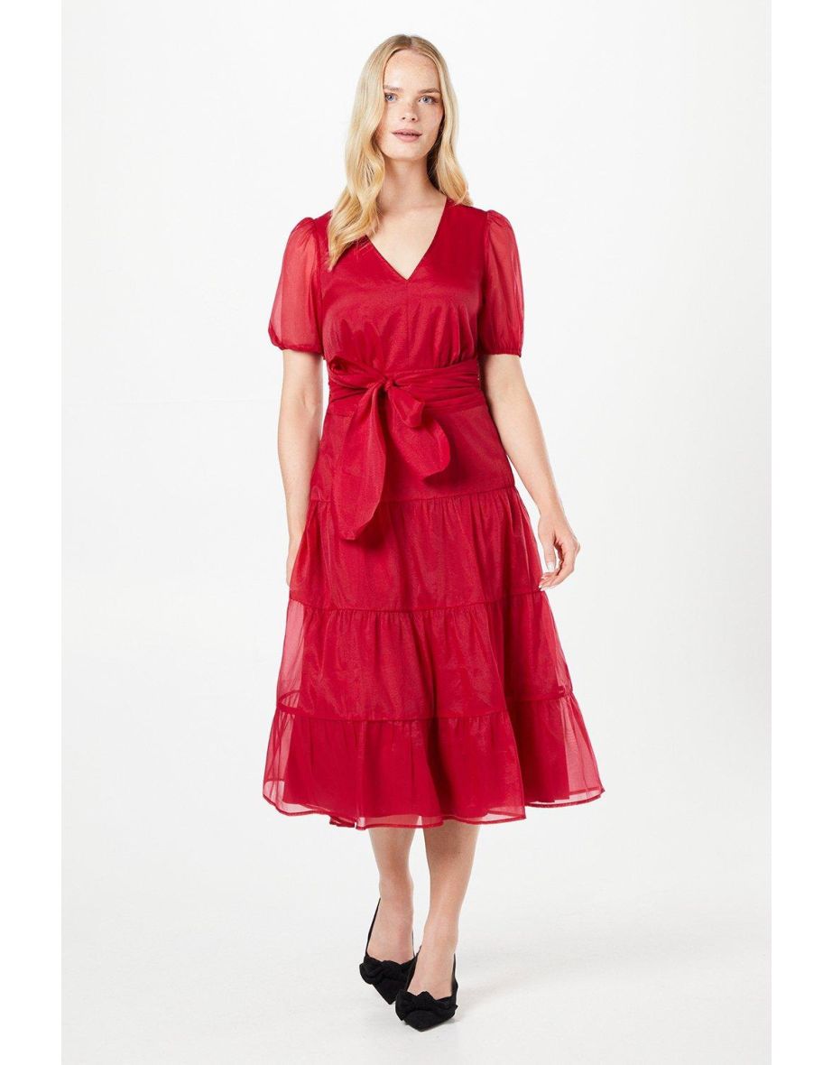 Organza Puff Sleeve Pintuck Midi Dress