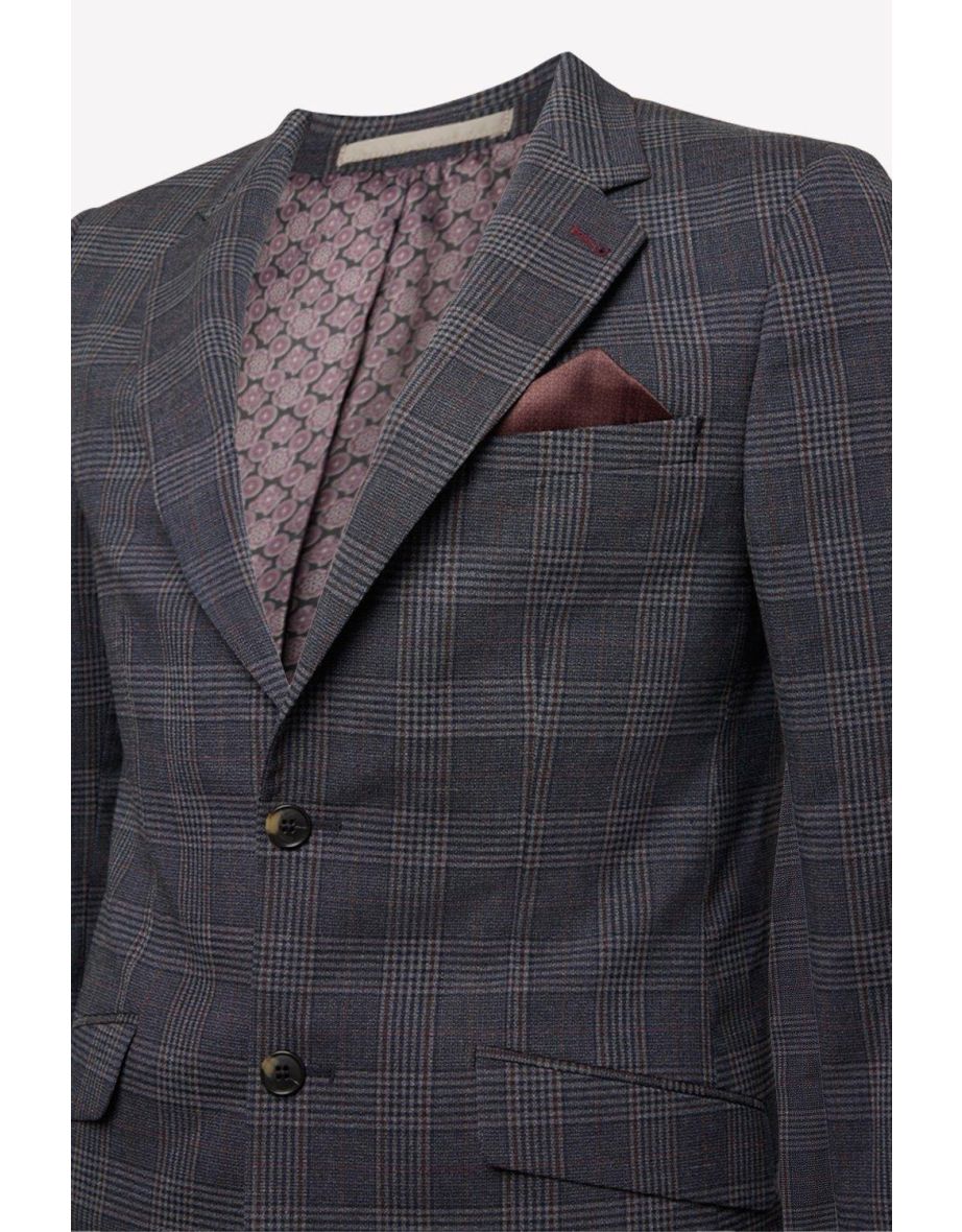Slim Fit Burgundy Retro Check Suit Jacket - 2