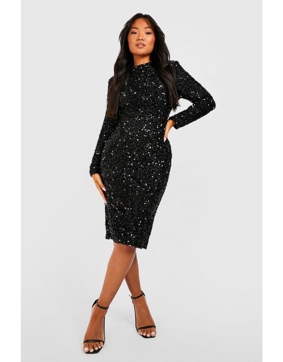 Petite Sequin Shoulder Pad Backless Midi Dress - black