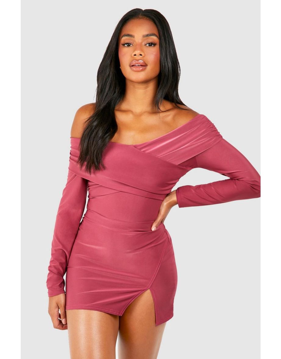 Ruched Wrap Over Long Sleeve Bodysuit - mauve