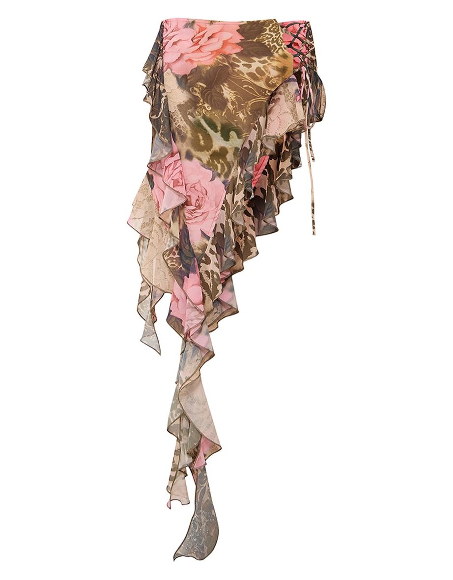 Brown Leopard Print Chiffon Frill Detail Midi Skirt - 5