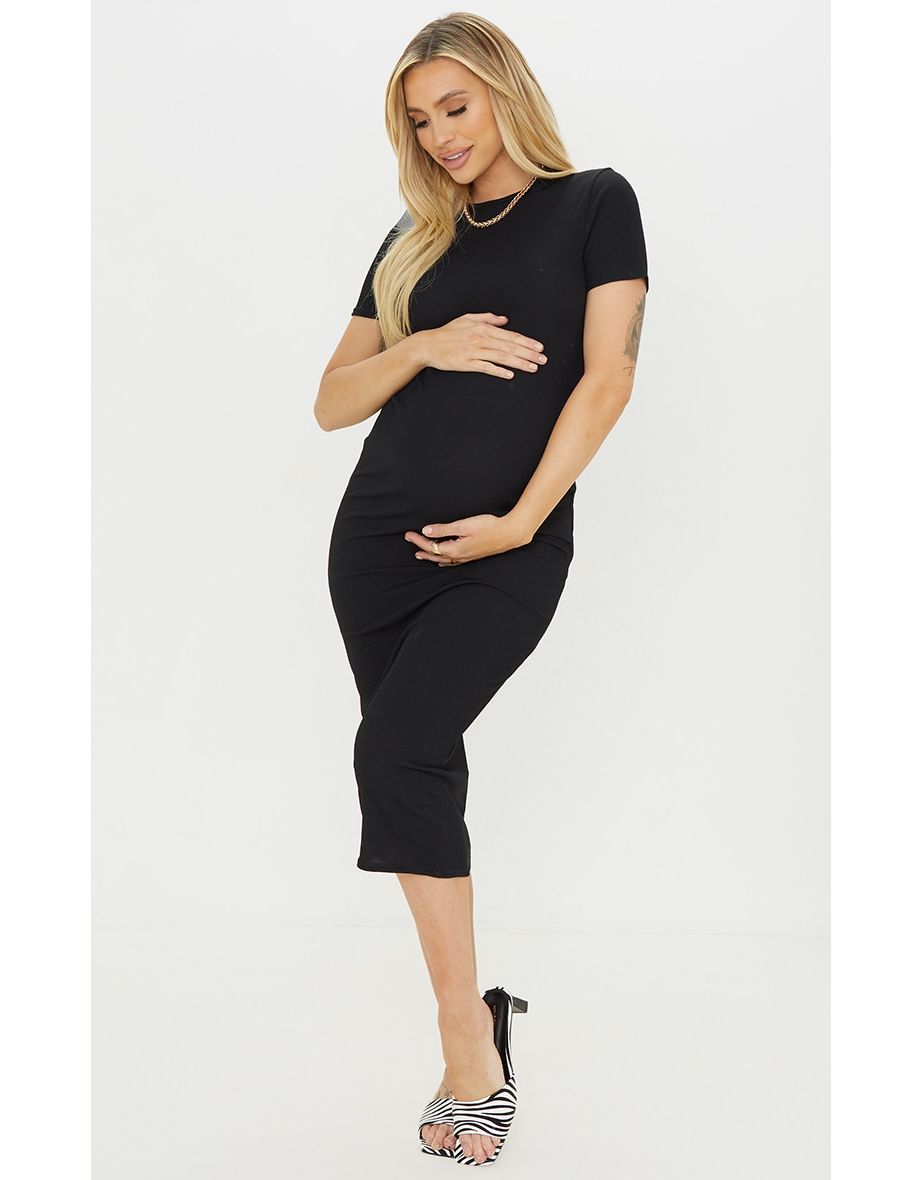 Maternity Black Ribbed Crew Neck Midi Dress