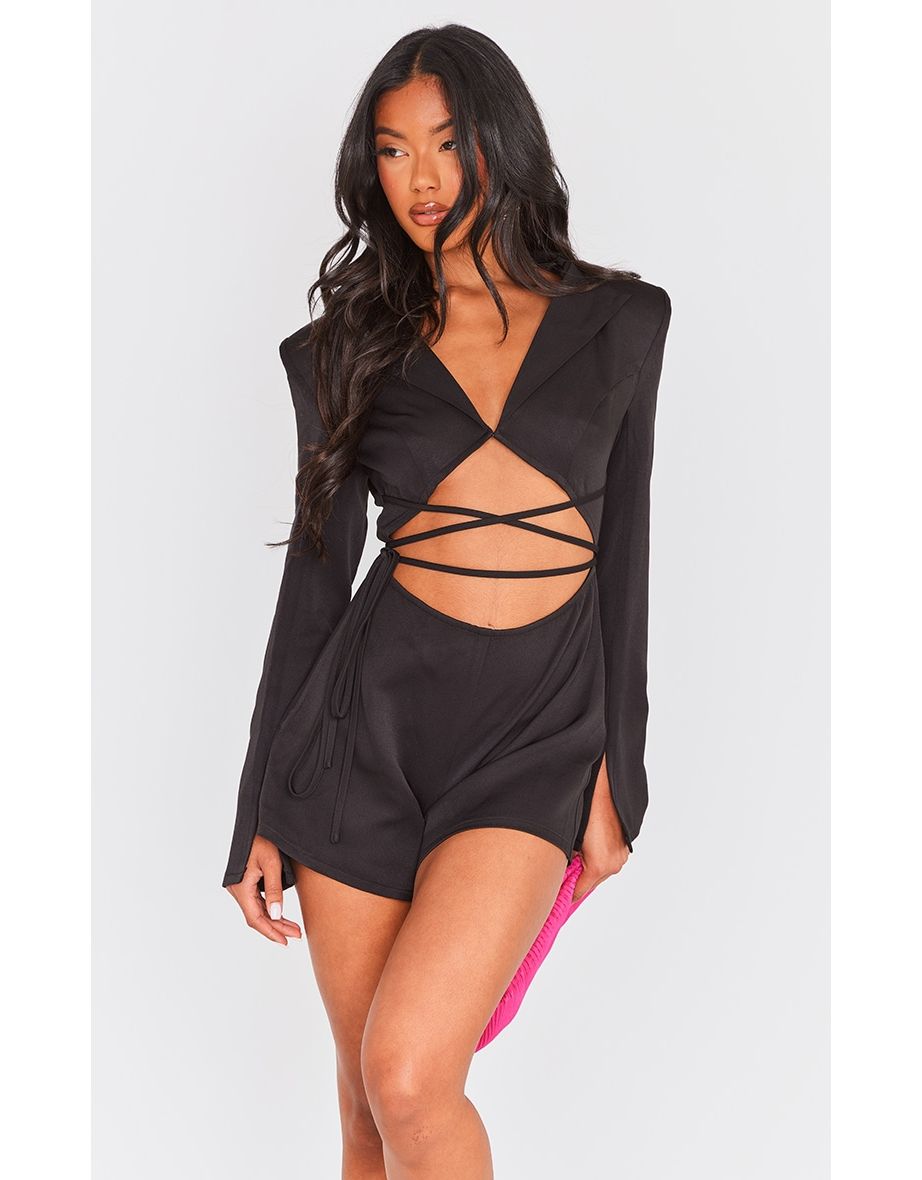 Black Tie Waist Shoulder Pad Blazer Style Playsuit