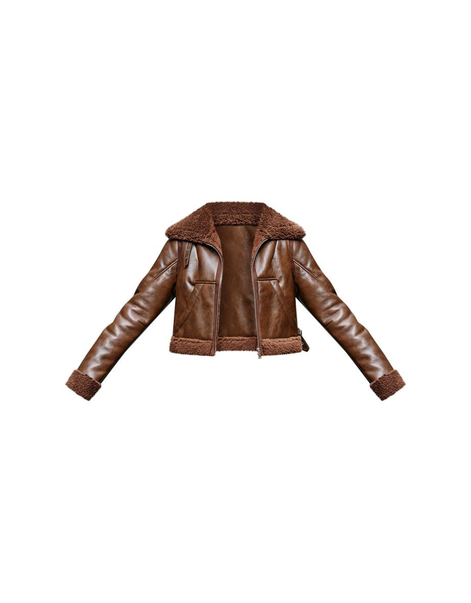 Chocolate Soft Faux Leather Contrast Borg Aviator Jacket - 4