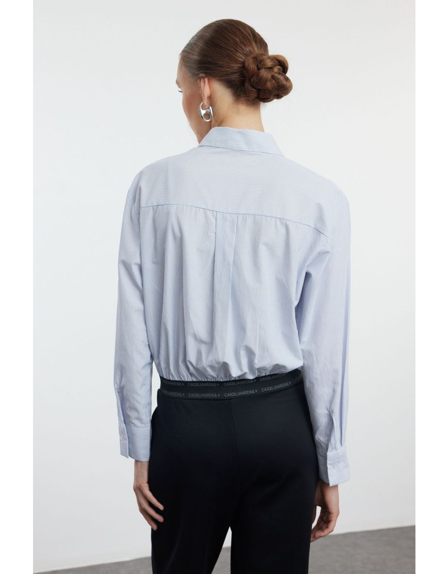 Blue Striped Crop Shirt with Elastic Hem and Label Detail - 4