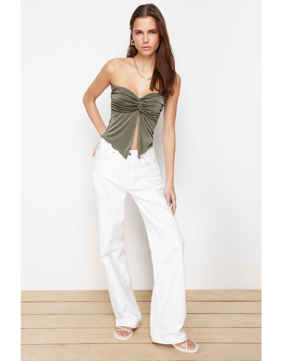 Khaki Premium Buzzy Heart Neck Gathered Crop Knit Top