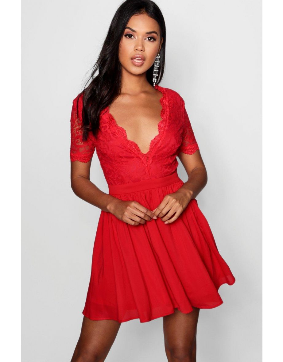 Olivia Lace Top Skater Dress - red