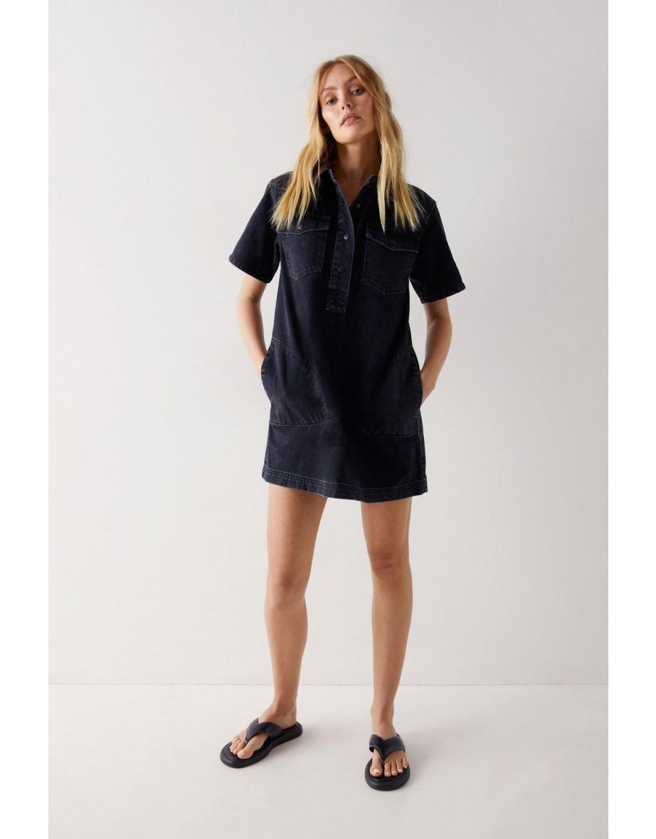 Pocket Front Button Down Denim Swing Dress