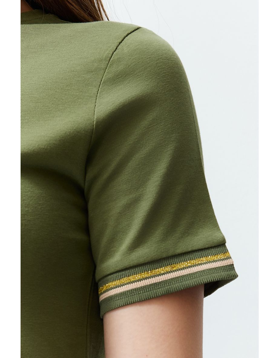Khaki Knitwear Band Detailed Crew Neck Short Sleeve Flexible Knitted Dress - 7