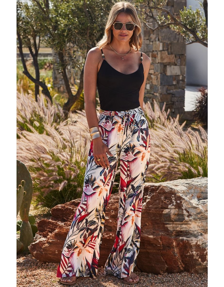Ivory Tropical Print Premium Satin Wide Leg Trousers - 4