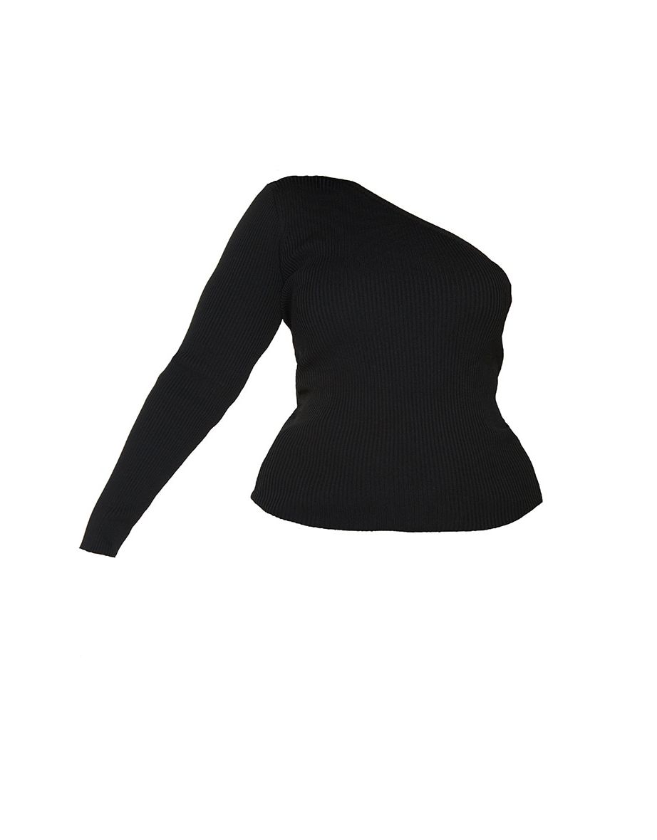 Plus Black Asymmetric One Sleeve Knitted Rib Top - 4