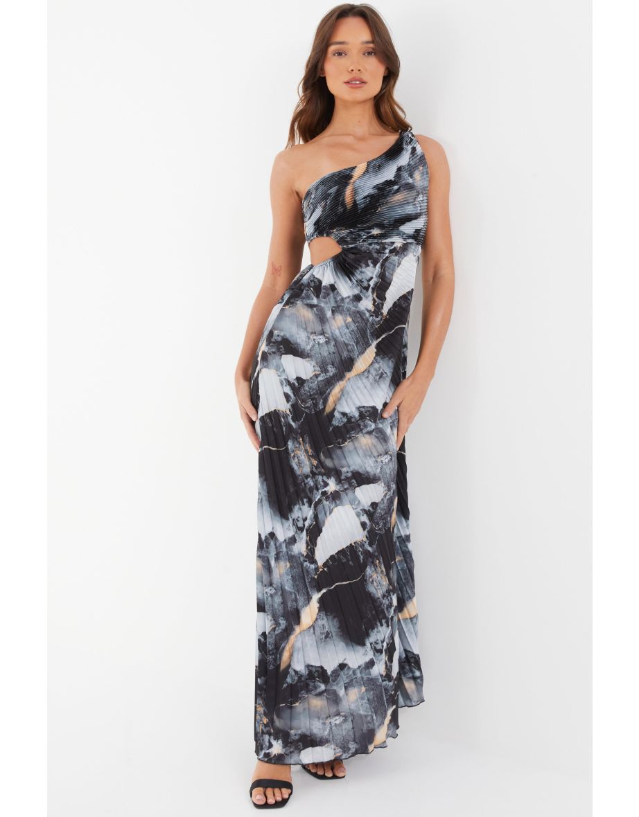 Grey Marble Print Pleated Maxi Dress