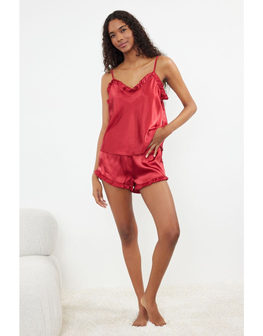 Burgundy Plain Lace/Mesh/Mesh Satin Woven Pajama Set