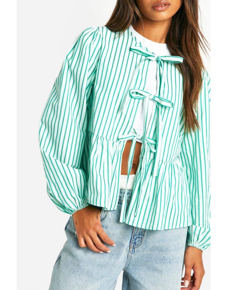 Green Stripe Tie Front Puff Long Sleeve Smock Top - green - 3