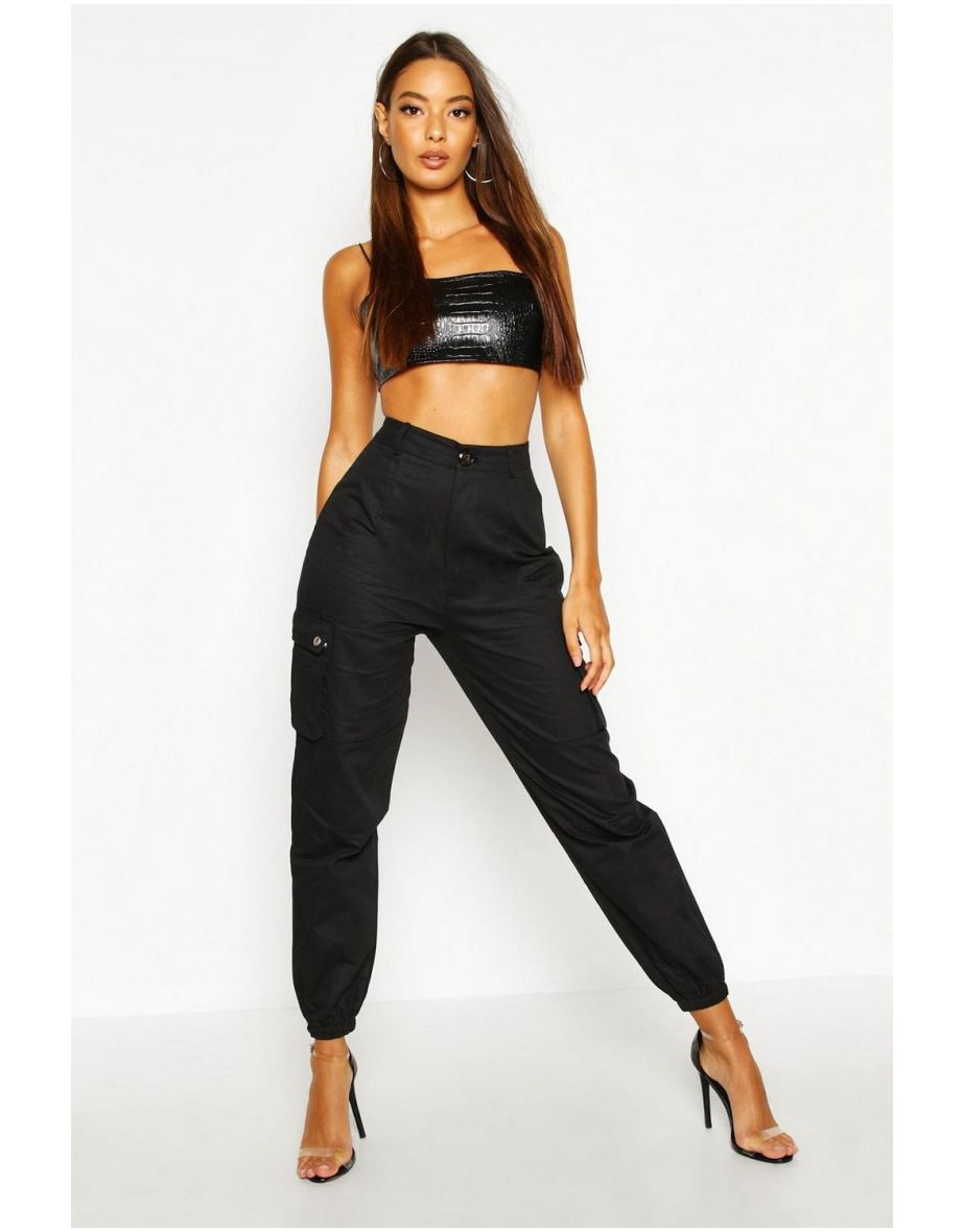 High Waist Woven Pocket Cargo Trousers - black - 3