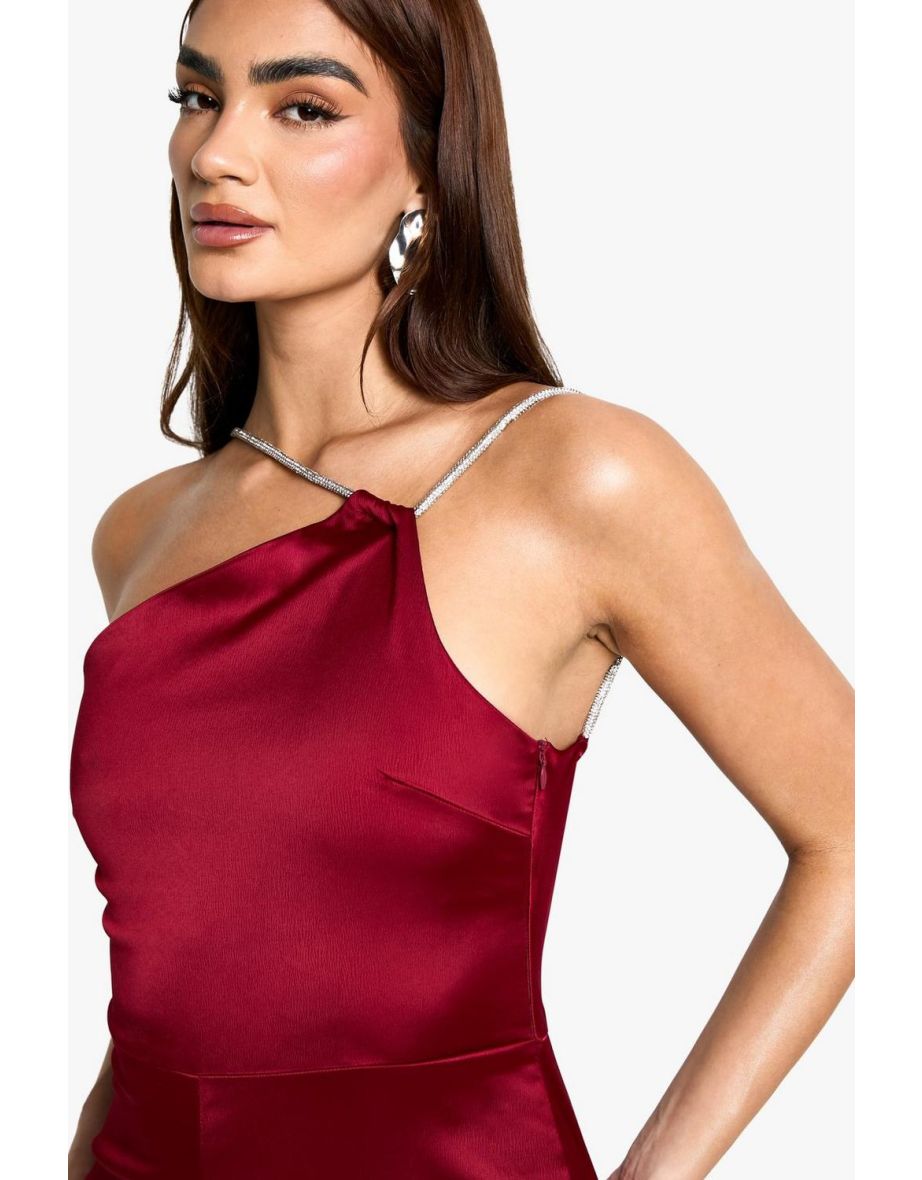 One Shoulder Diamante Strap Wide Leg Jumpsuit - berry - 3