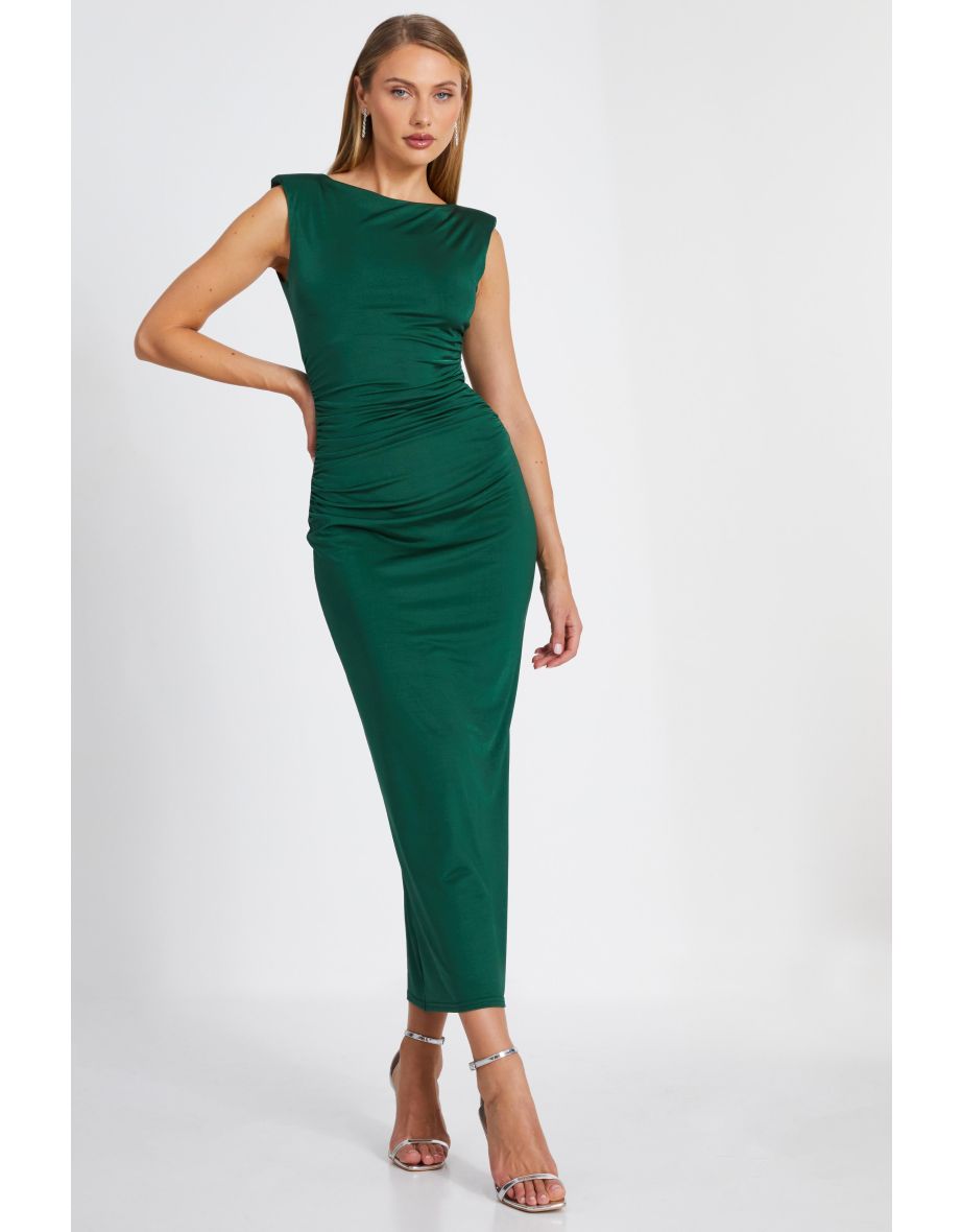 Bottle Green Shoulder Pad Midaxi Dress