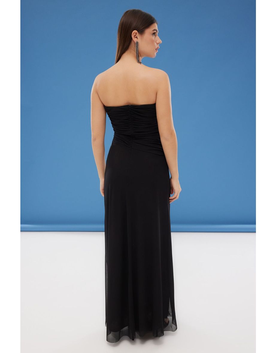 Black A-Line Scarf Detail Tulle Knitted Long Evening Dress - 4