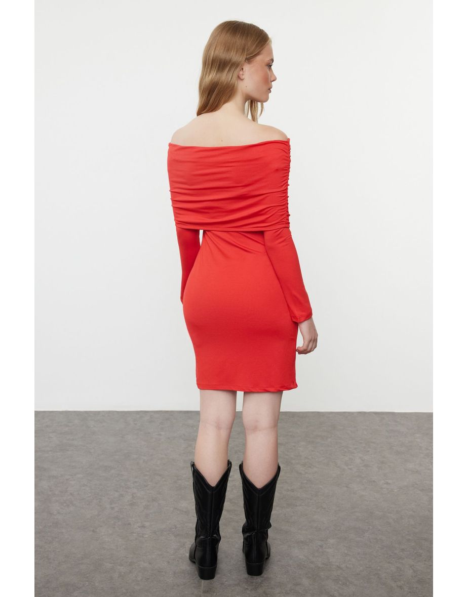 Red Soft Touch/Soft Fabric Fitted Carmen Collar Stretchy Knitted Dress - 4