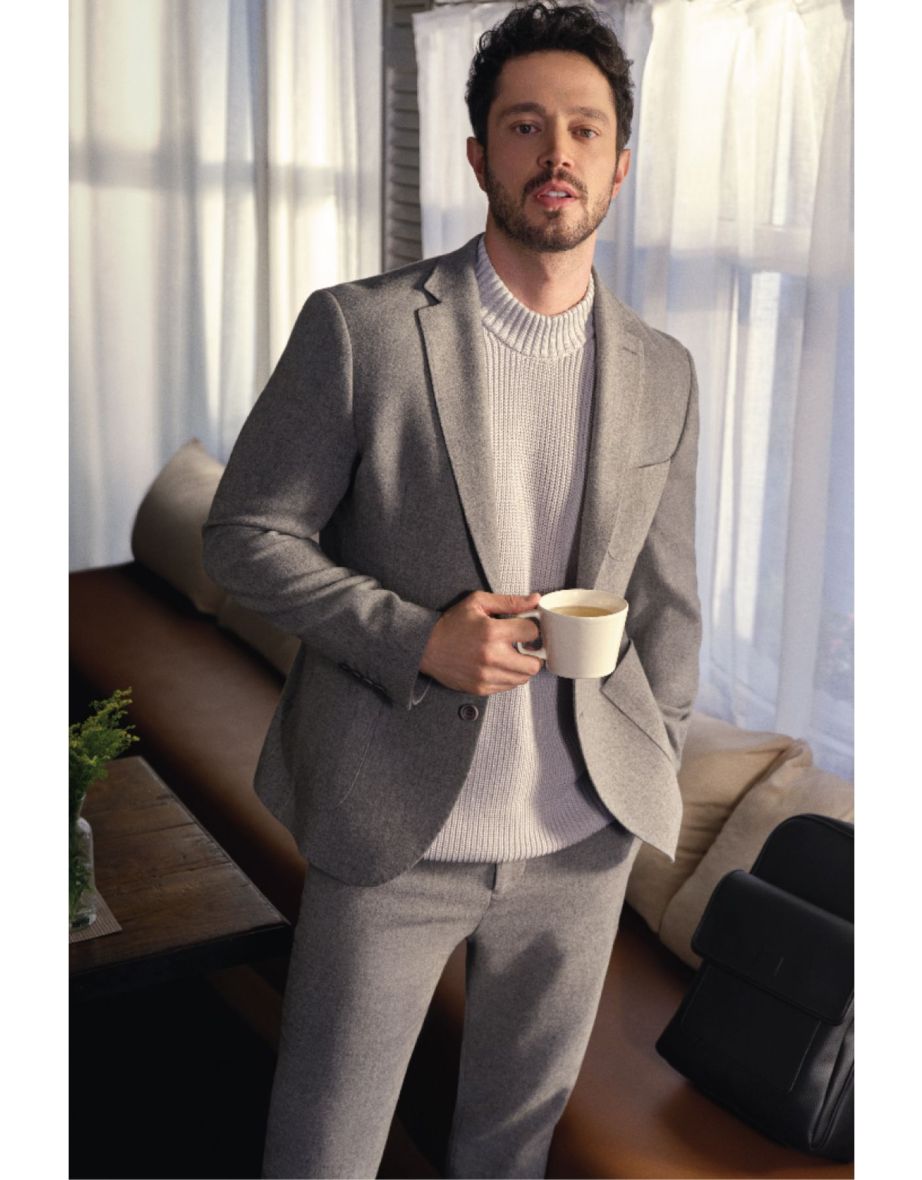 Men's Gray Woolen Pants with Elastic Waist